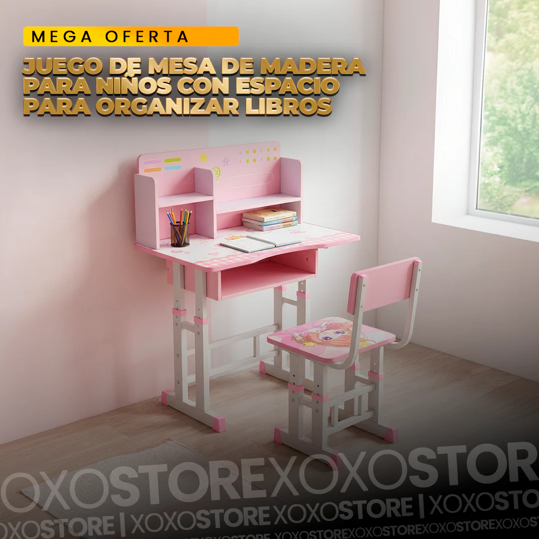 ESCRITORIO Y SILLA INFANTIL CON ESPACIO PARA ORGANIZAR LIBRO EN MADERA