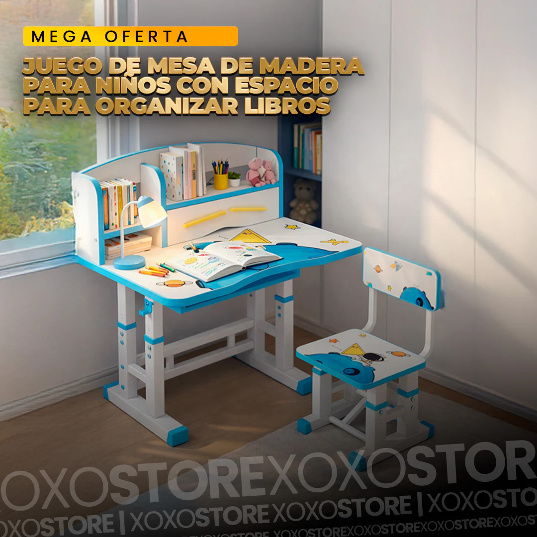 ESCRITORIO Y SILLA INFANTIL CON ESPACIO PARA ORGANIZAR LIBRO EN MADERA - Image 2