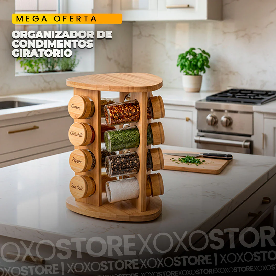 Organizador de Condimentos Giratorio de madera con 12 Frascos